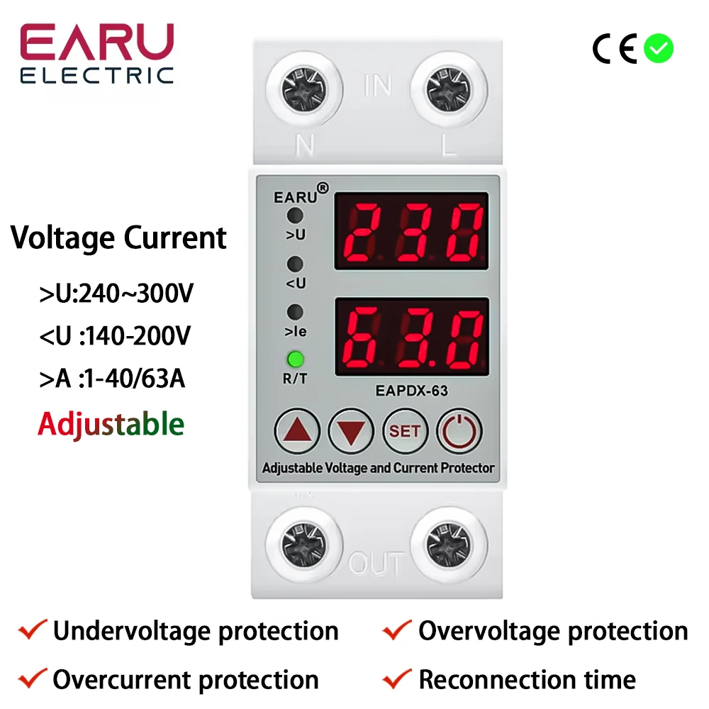 40A 63A 230V Din レール調整可能な過電圧および不足電圧保護装置プロテクターリレー過電流保護制限