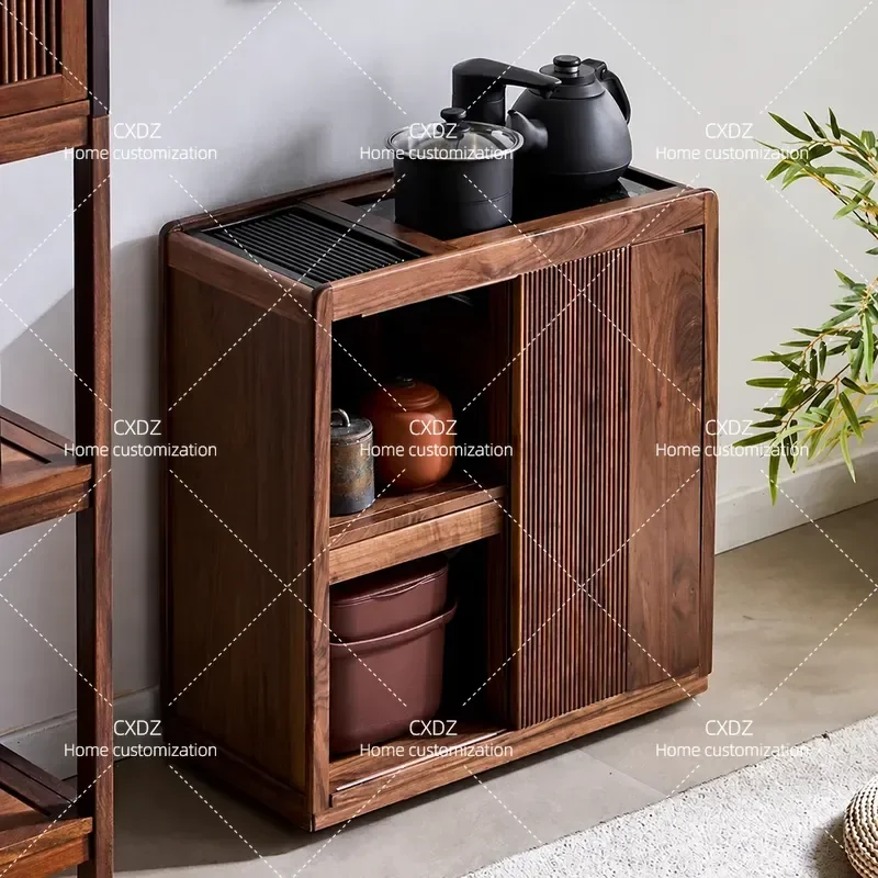 North American Black Walnut Mobile Tea Cabinet Solid Wood Side Table Small Integrated Storage Unit with Kettle Holder New
