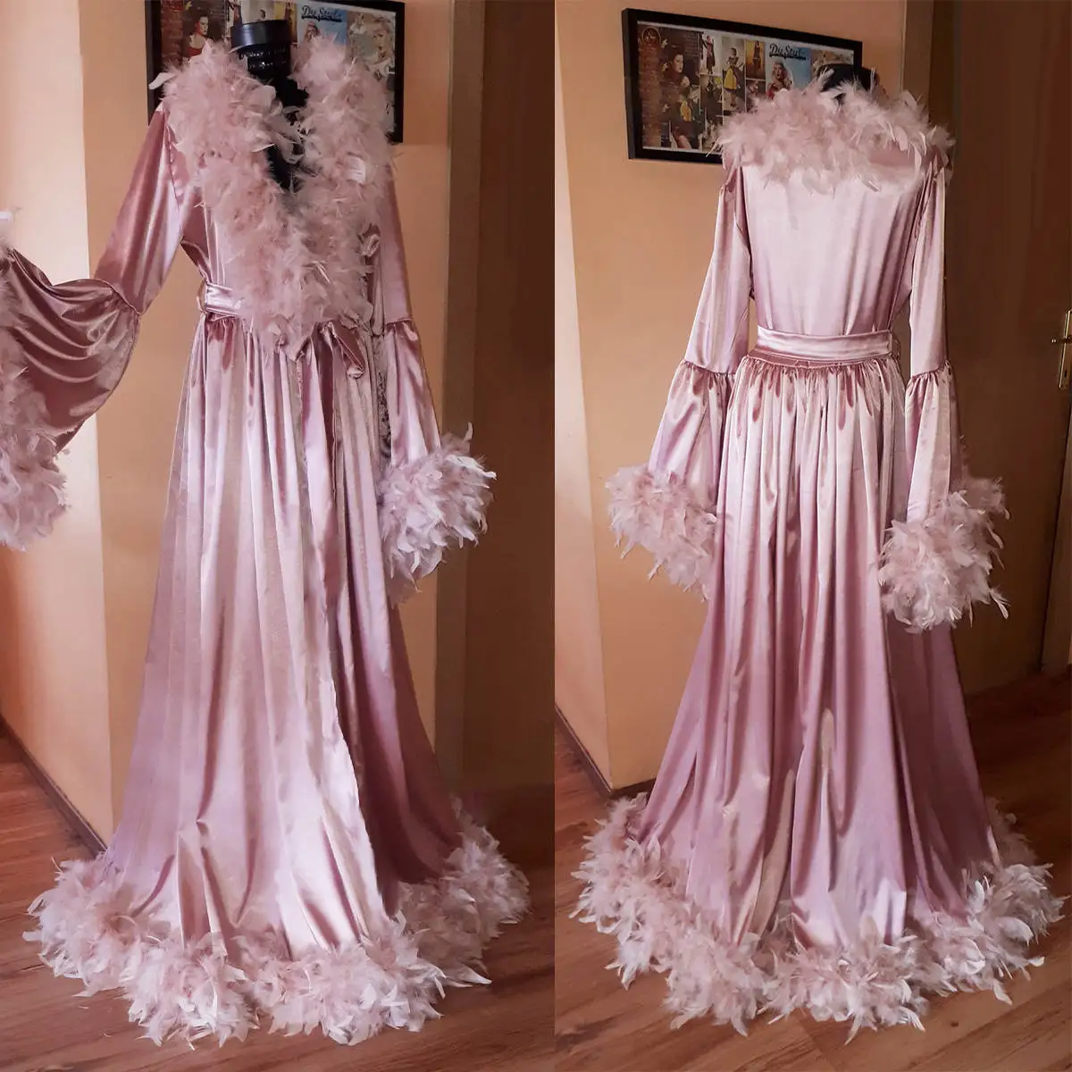 Gorgeous Bride Robe And Nightgown Feather Long Sleeve Gowns Photo shoot Sleepwear Bathrobe Prom Bridesmaid Pajamas Custom Made