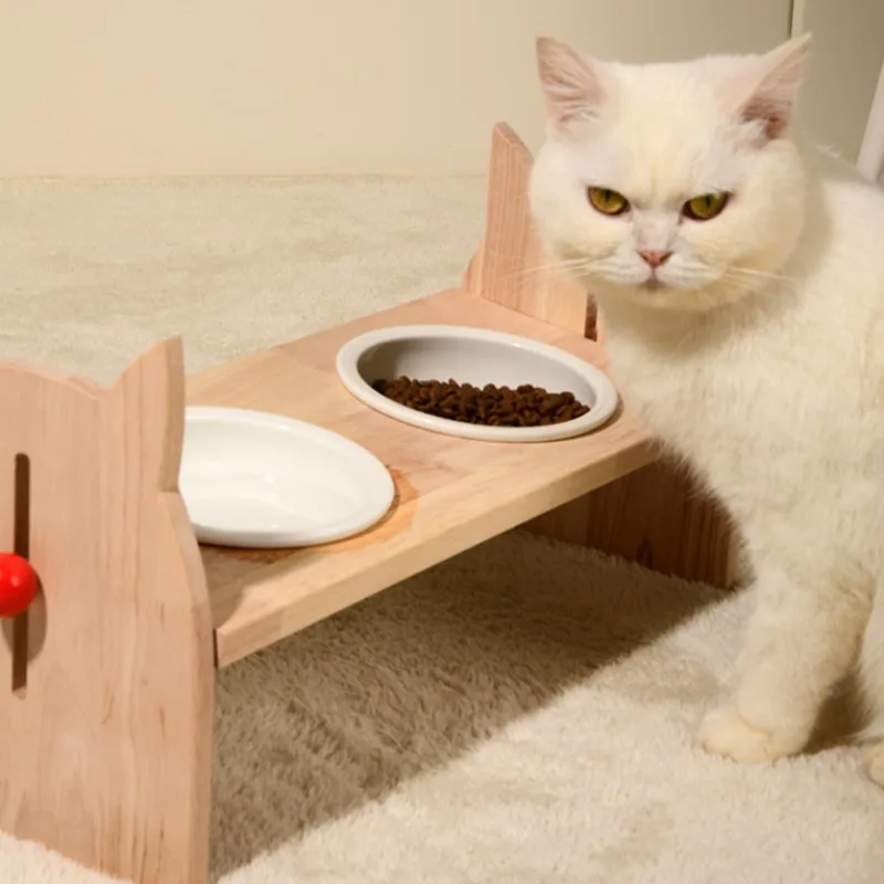 

Pet Ceramics Feeding Bowls Height Angle Adjustable Wood Bracket Cat Water Dispenser Dogs Feeder Home Kitten Puppy Food Container