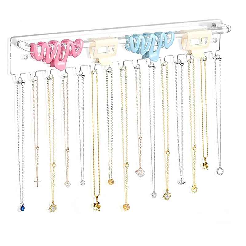 Hanging Jewelry Organizer- Modern Acrylic Necklace Holder With 15 Hooks - Space-Saving Wall Jewelry Display 3 Pack