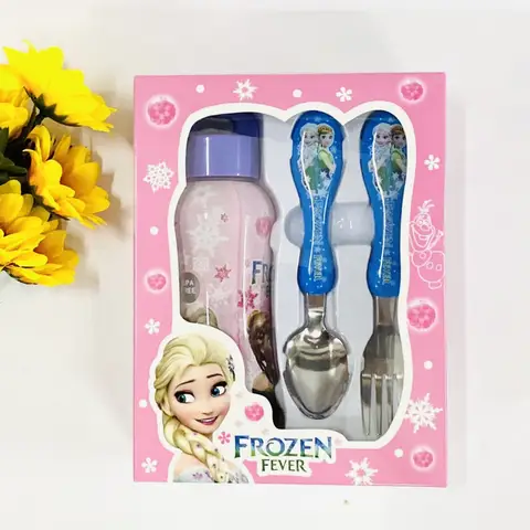 Disney Car Lightning McQueen Stitch Ice Princess cartone animato forchetta, cucchiaio, bottiglia d'acqua stoviglie in 3 pezzi, regalo di Natale per bambini