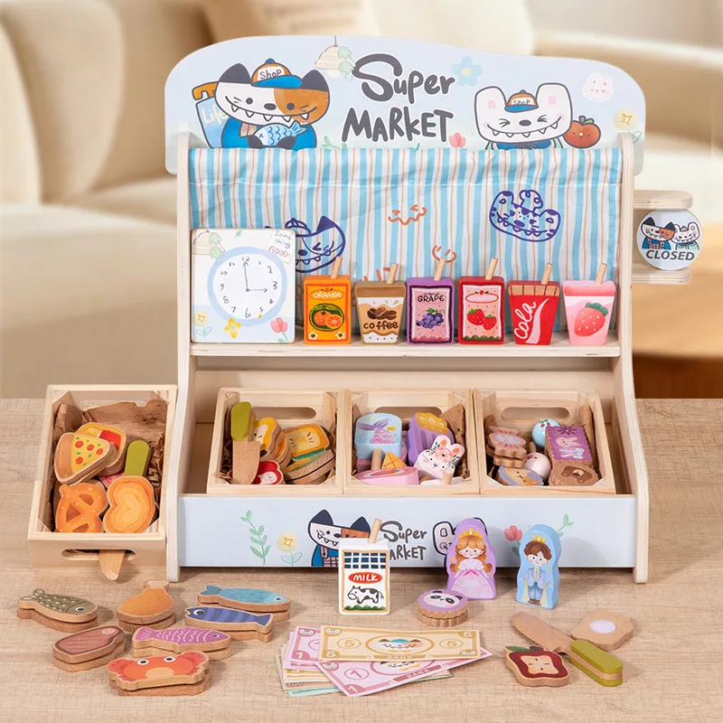 

Children Wooden Mini Supermarket Playset, Simulation Food Snack Ice Cream Toy, Pretend Shop Role Play Educational Gift For kids