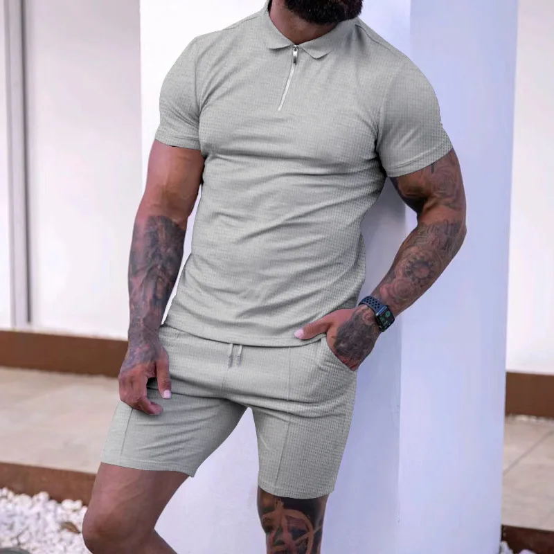 

US Size Summer New Fashion Solid Color Short Sleeve T-shirt Set Men's Casual Loose Comfortable High-Quality Sports Two-Piece Set