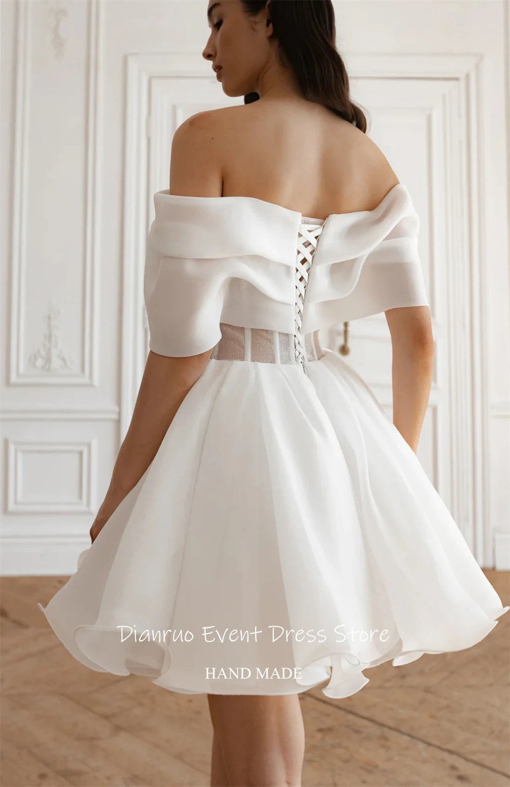 Dianruo Bow Belt Wedding Dresses Short Length A Line Vestido Noiva Princesa Brilhoso Off Shoulder Robes De Mariée Customized