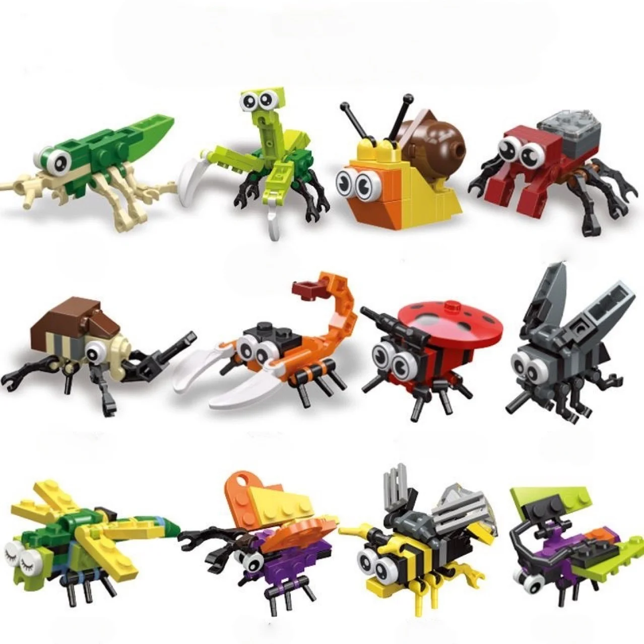 12 especies de insectos, bloques de construcción creativos de animales, juguetes de bloques de construcción de insectos, mariquita, libélula, mariposa, caracol, avellana, mantis, escarabajo, regalos