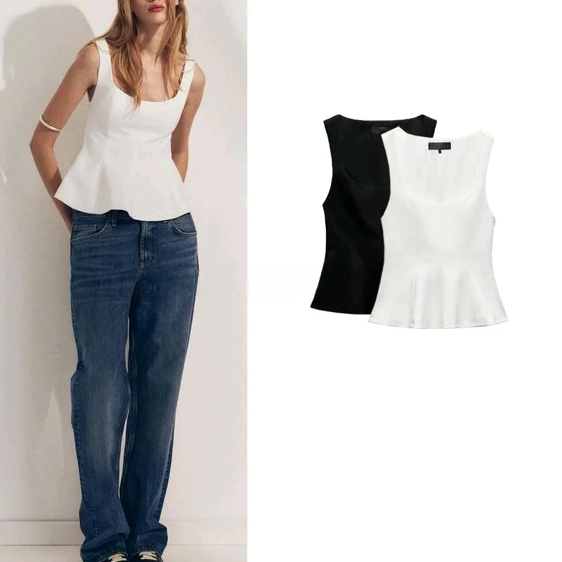 

Spring New Women's Svel Square Collar Nine Points ort Skirt Sle Elastic Comfortable Top ZA 2800 Commute Slim Fit...