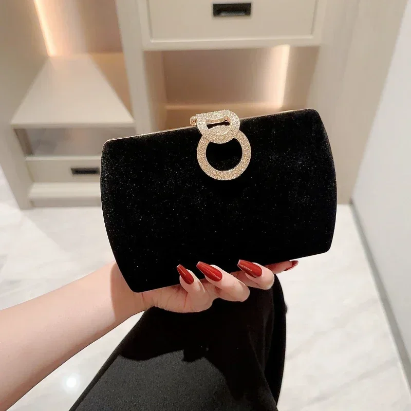 

Ladies Autumn Winter Velvet Box Dinner Bag Sparkly Rhinestone Decoration Banquet Bag Clutch Evening Dress Bag Party