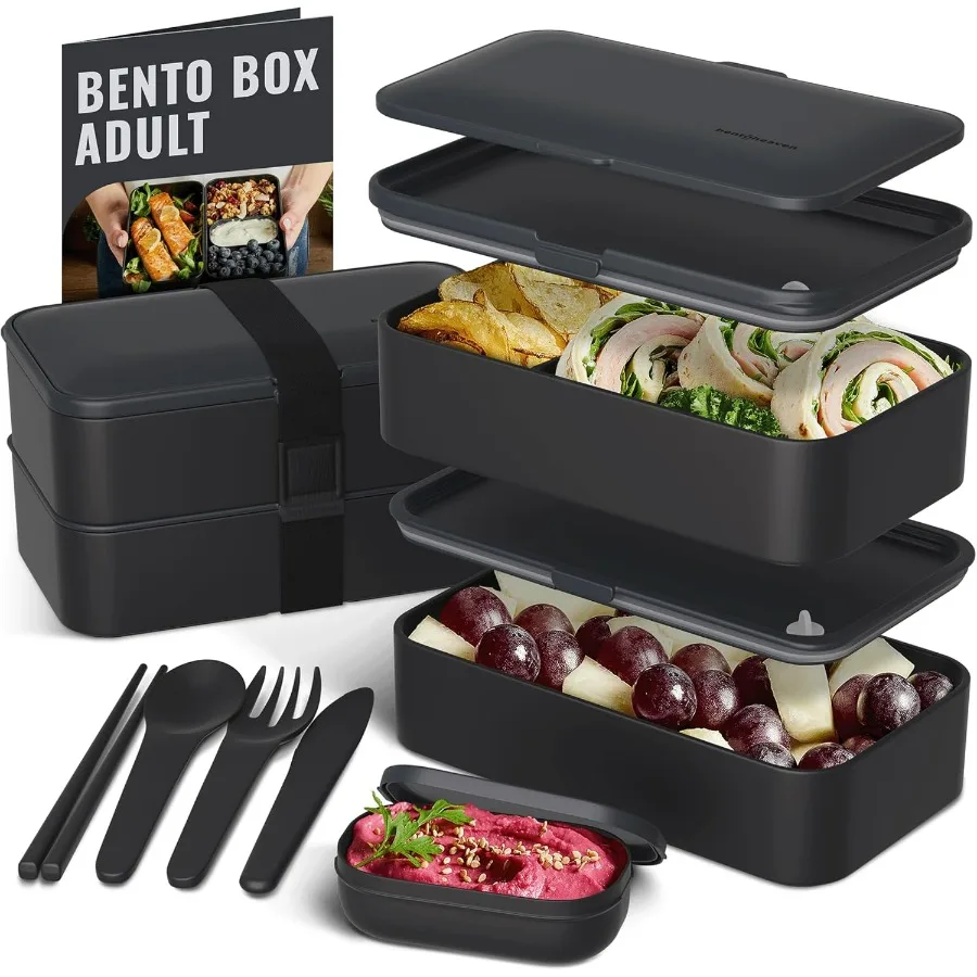 

Premium Bento Box Adult Lunch Box with Compartments for Women & Men, Set of Utensil & Chopsticks & Dip Container, Cute Japanese