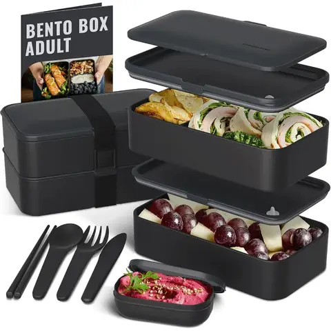 Premium Bento Box Adult Lunch Box with Compartments for Women & Men, Set of Utensil & Chopsticks & Dip Container, Cute Japanese