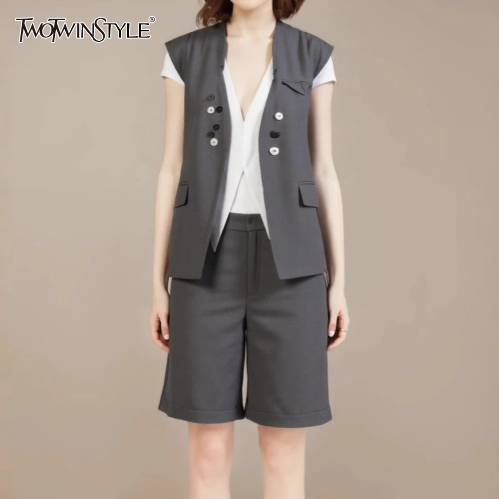

TWOTWINSTYLE Slimming Two Piece Set for Women V Neck Sleeveless Top High Waist Temperament Pant Sets Female Fashion Style
