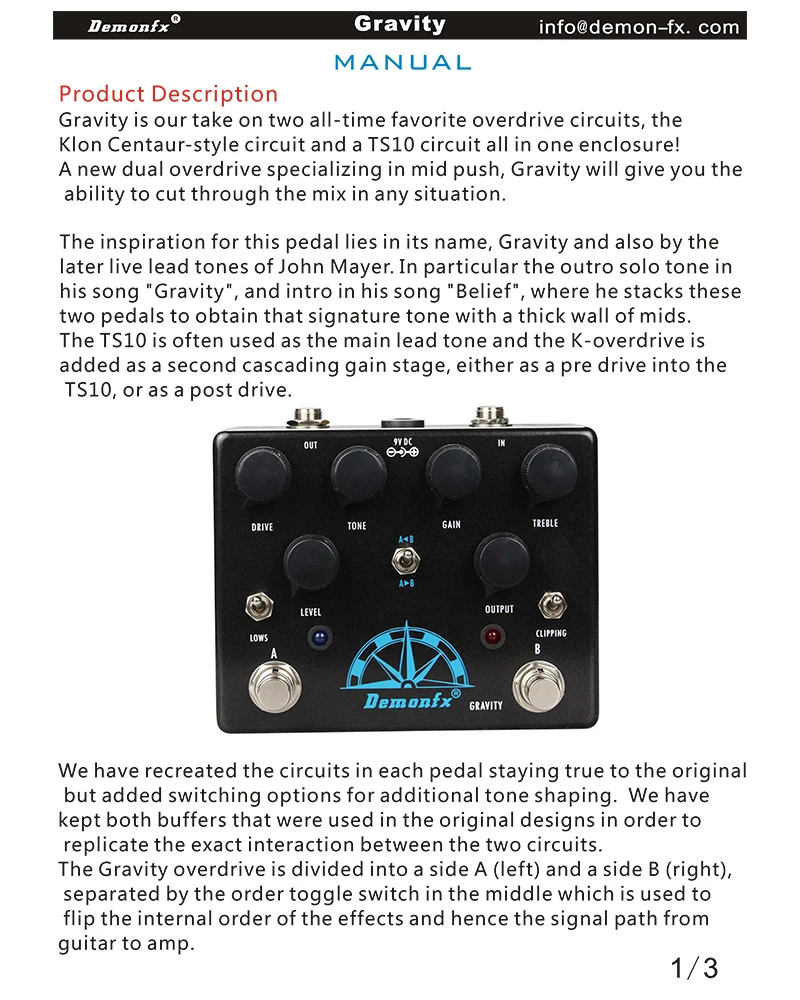 Demonfx Overdrive Guitar Effect Pedal Gravity with Two Divided