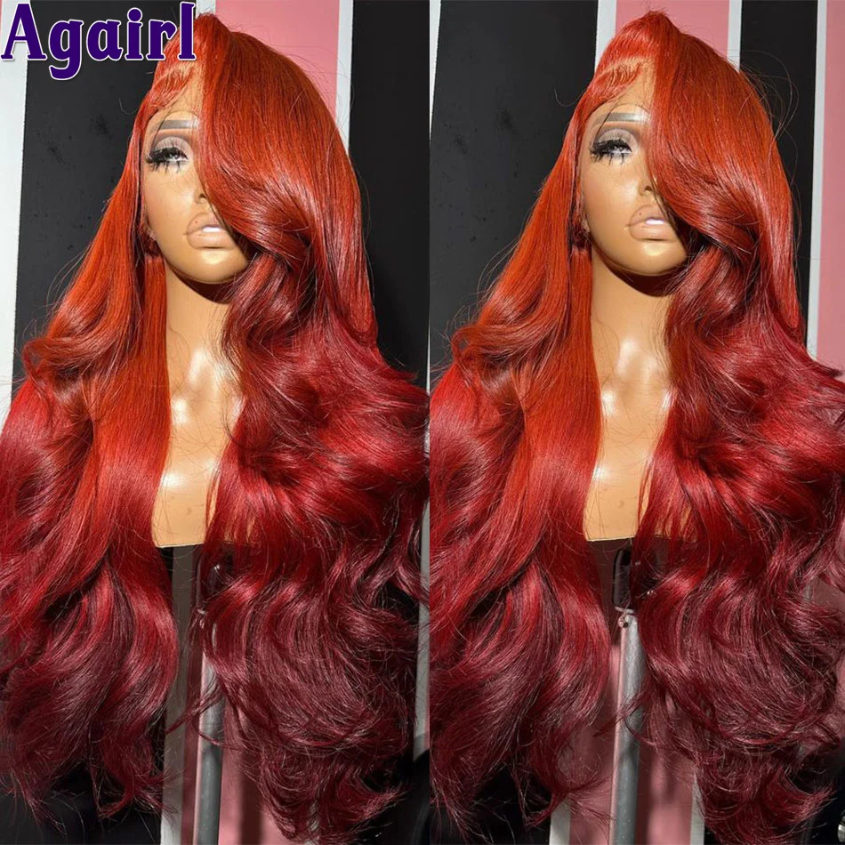 32Inch 180% 13x4 13x6 Body Wave Lace Frontal Wig Ombre Red Orange PrePlucked Ready Go Human Hair 6X4 Lace Closure Wigs for Women