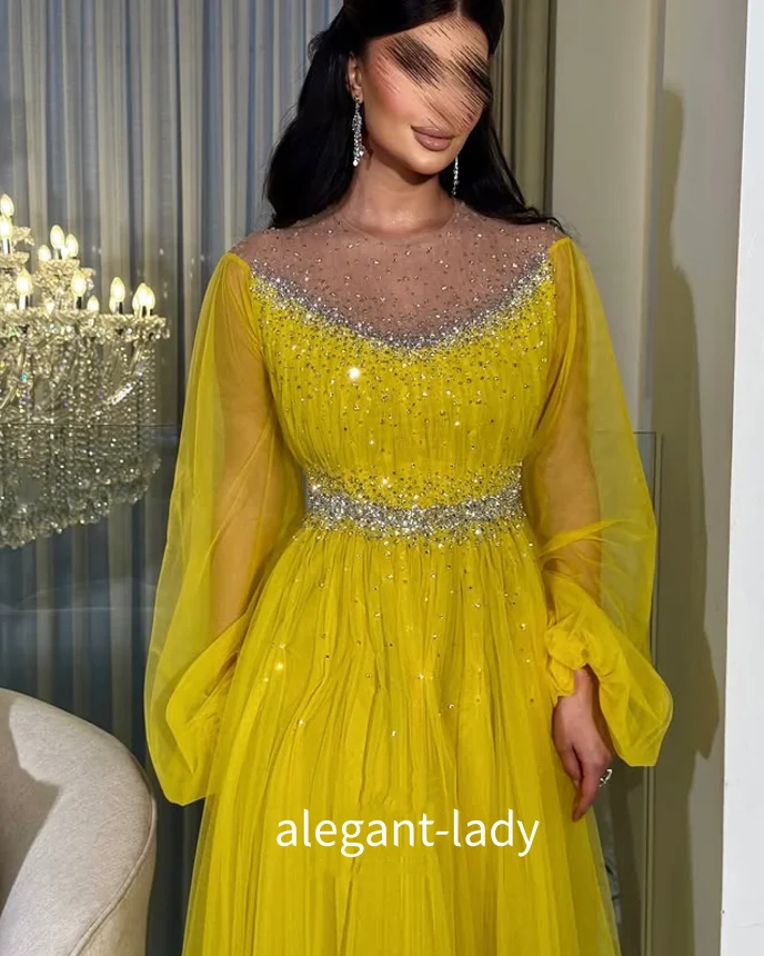 Robe de bal de dubaï jaune citron, magnifique, transparente, col rond, en Tulle, robe une pièce arabe, personnalisée, fête pour femmes
