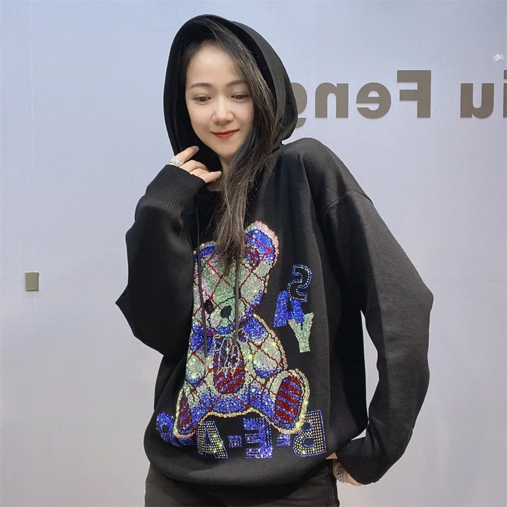 Knitting Hooded Pullover Top 2024 New Autumn Winter Loose Long Sleeve Sweater Top Cute Bear Hot Drilling Casual Women Hoodie