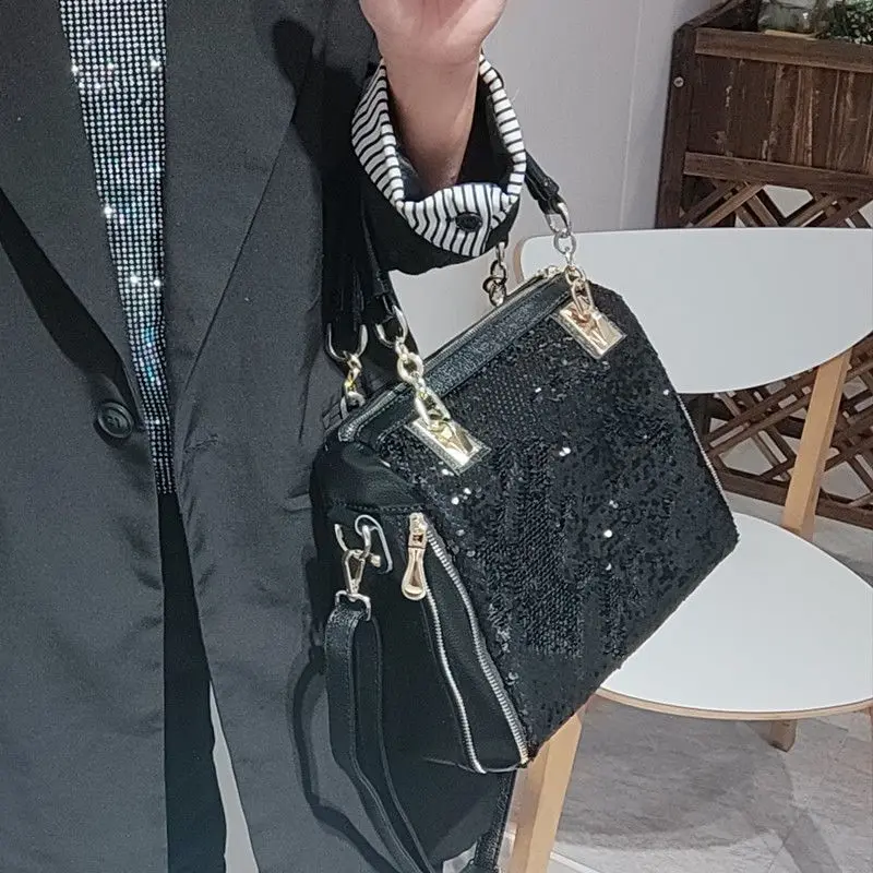 New Simple Sequin Leather Handbag European And American Style Women's Bag Large Capacity Soft Leather Messenger Bag For Women