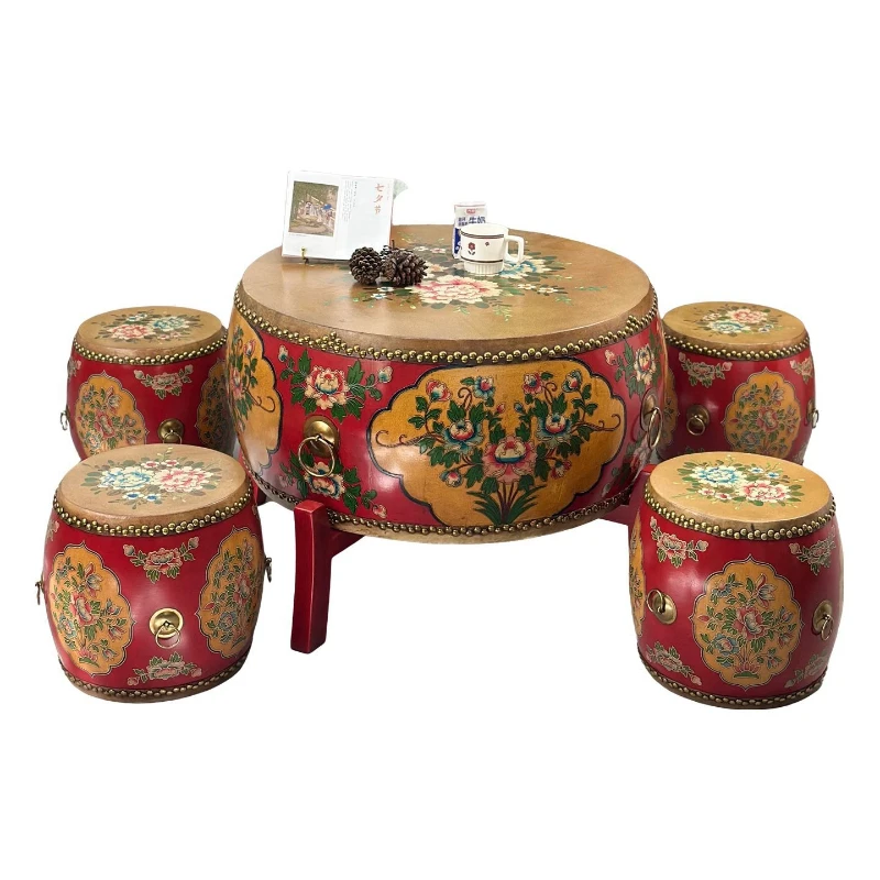 

Modern new Chinese small coffee table, solid wood cowhide painted old drum stool