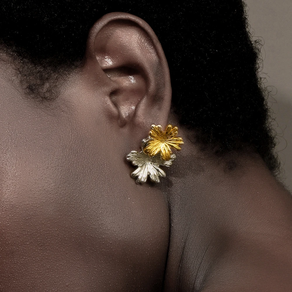 E.B.belle طبقة مزدوجة مزيج اللون زهرة صغيرة القرط رائعة الفولاذ المقاوم للصدأ 18 كيلو الذهب النساء مجوهرات للحزب هدية سحر #5