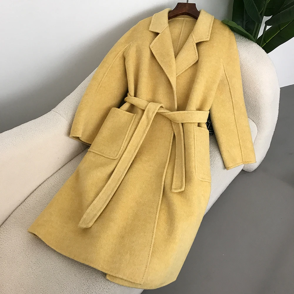 2024 Autumn Winter New Double-sided Cashmere Coat Women Long Loose Tailored Collar Wool Jacket Female Casual Fashion Office Lady