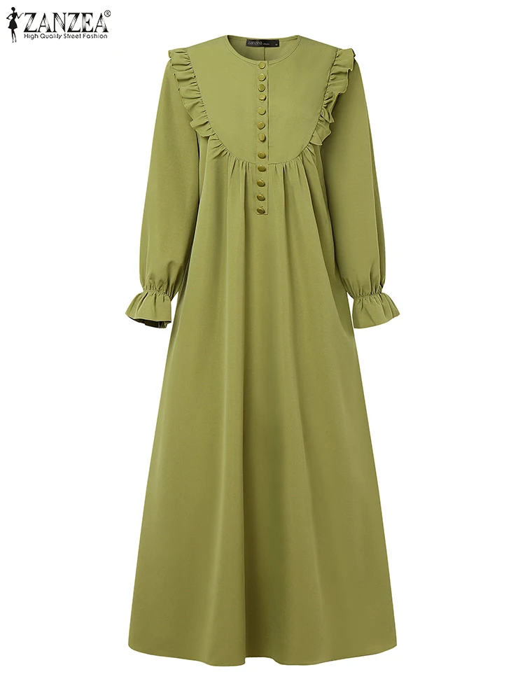 Eid Mubarek bata moda vestidos musulmanes Abaya 2025 ZANZEA mujeres elegante manga larga sólido volantes Vestido de verano IsIamic Hijab Vestido