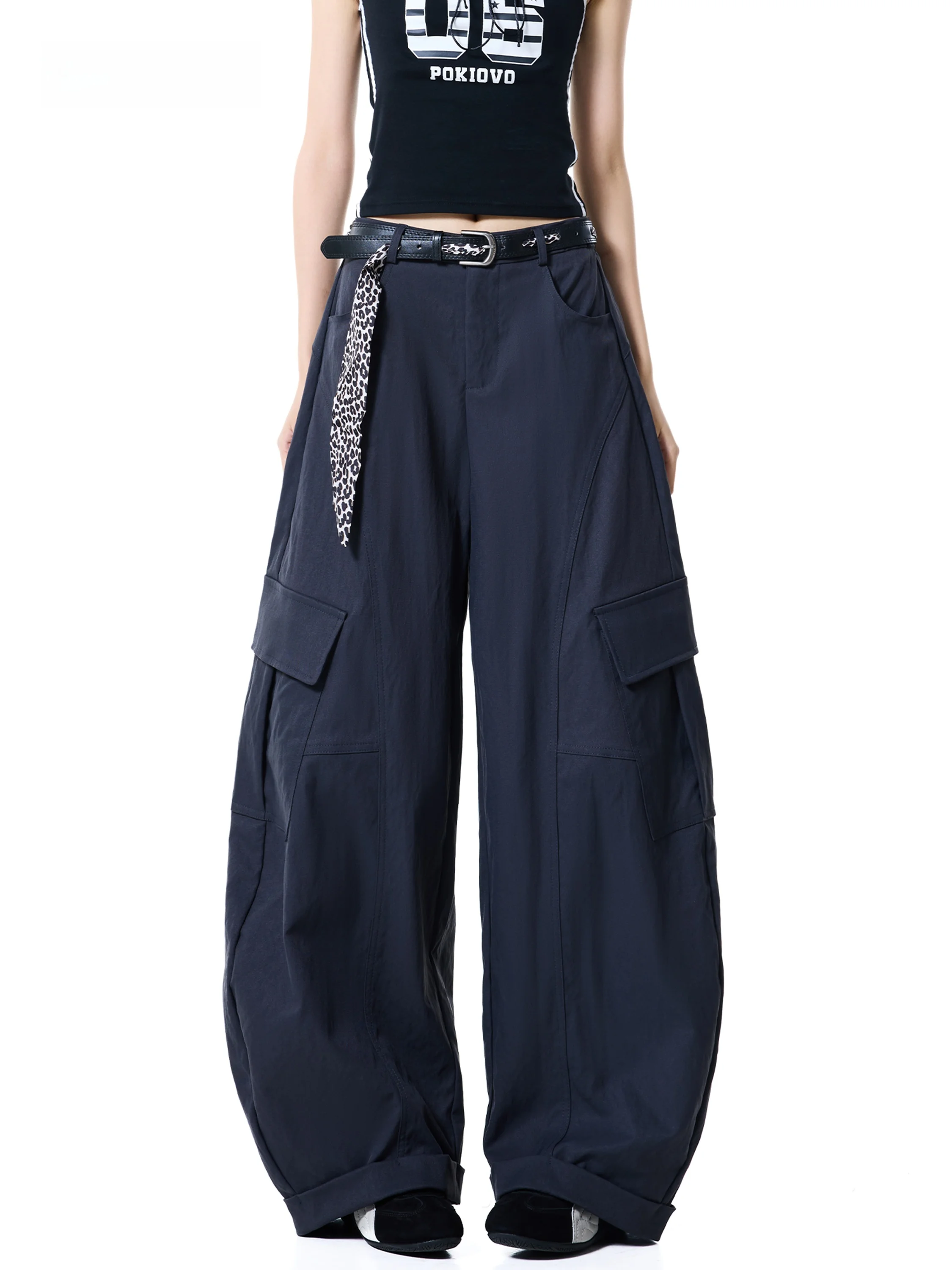 High Waist Cargo Pants Women's Loose Leggings Casual Long Trousers with Leopard Belt Autumn New Style Dark Blue Workwear