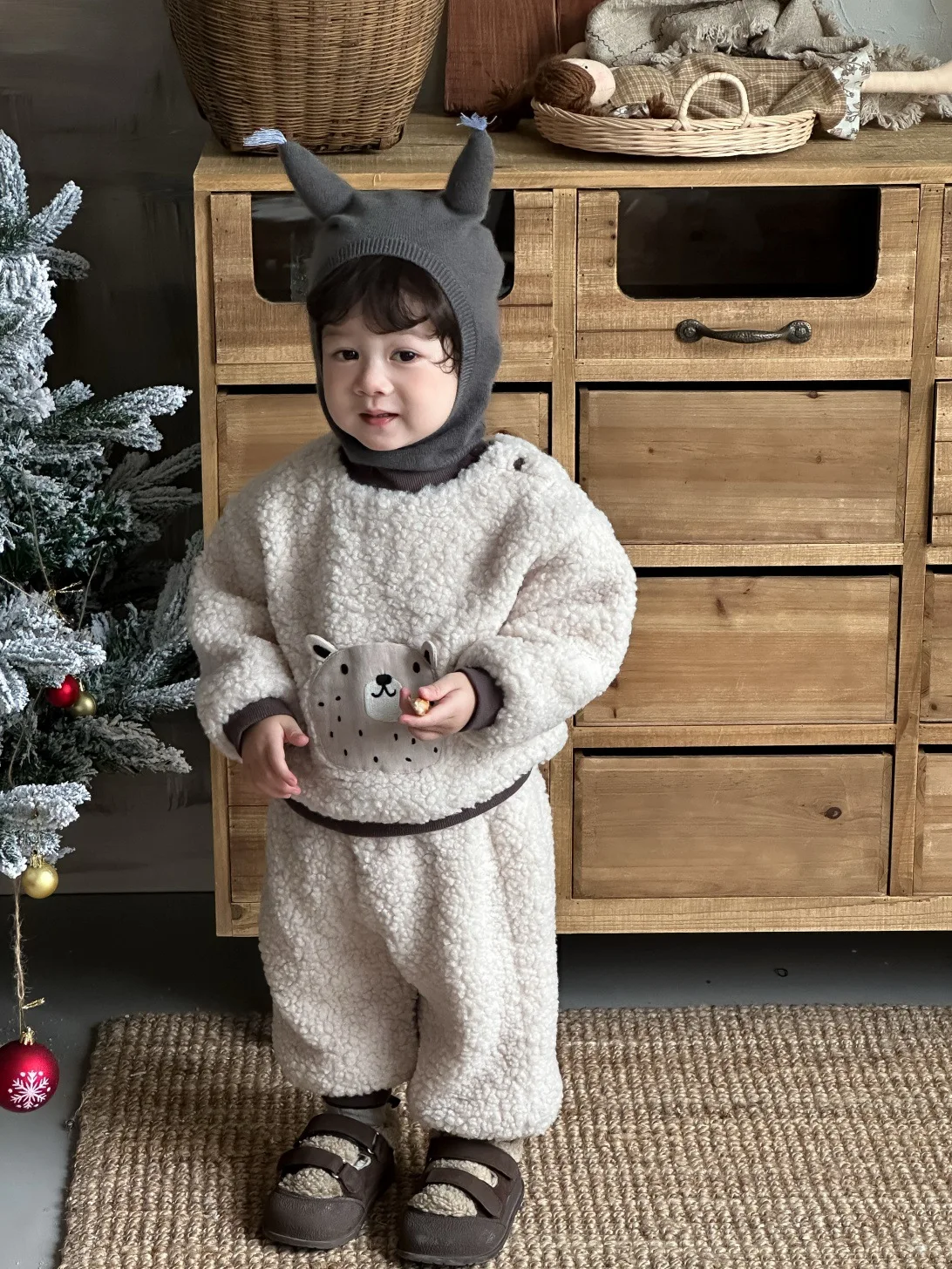 2025 شتاء جديد طفل الملابس الدافئة مجموعة الفتيان الفتيات لطيف الكرتون أفخم القمم + السراويل 2 قطعة دعوى زائد المخملية سميكة الرضع الصوف مجموعة