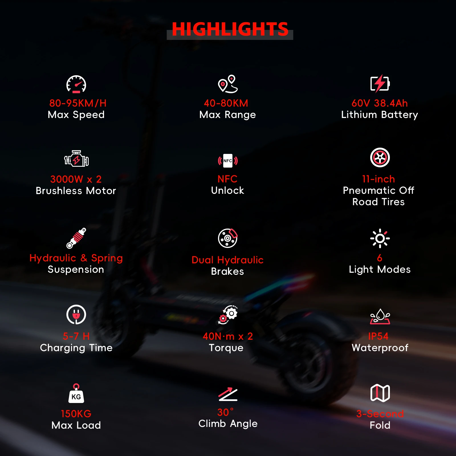 HALO KNIGHT T107Pro 60V 6000W 38,4Ah Elektroroller Professioneller 95km/h E-Scooter mit Doppelmotor Leistungsstarker Schneller 80KM E-Scooter – Detail 3