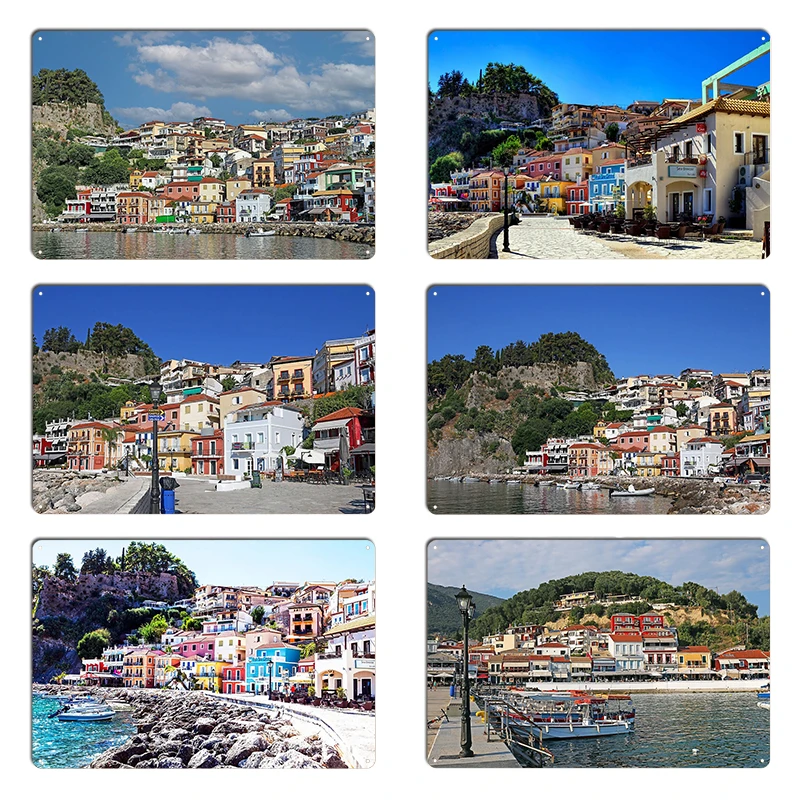 colorful old buildings street Parga Greece Metal Plaque Poster Vintage Create Kitchen Wall Mural Tin Sign Poster