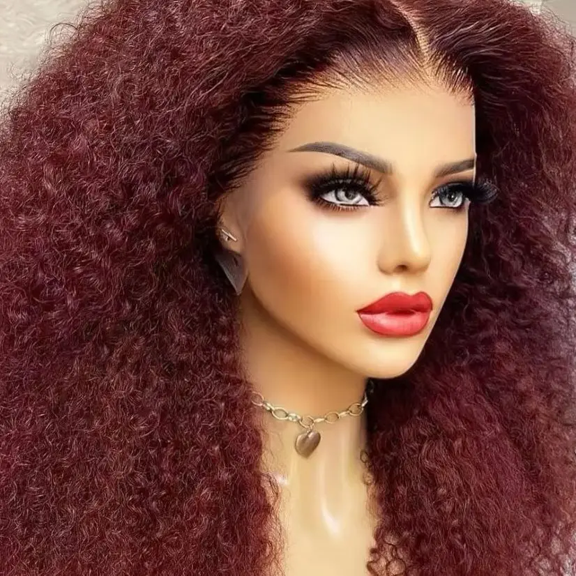 

Мягкий длинный 26 дюймов, плотность 180, бордовый 99J, странный вьющийся парик спереди для женщин, детские волосы, предварительно выщипанные, термостойкие, бесклеевые, на каждый день