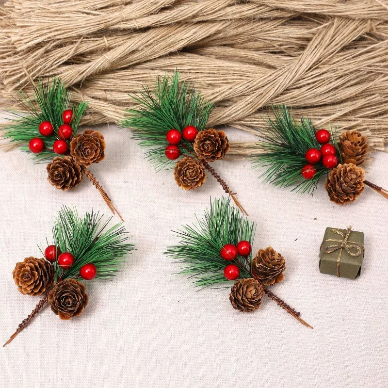 

5pcs Set of Artificial Pine Cones and Red Berries - Perfect for Christmas Tree Toppers, Holiday Decorations, and Craft Projects