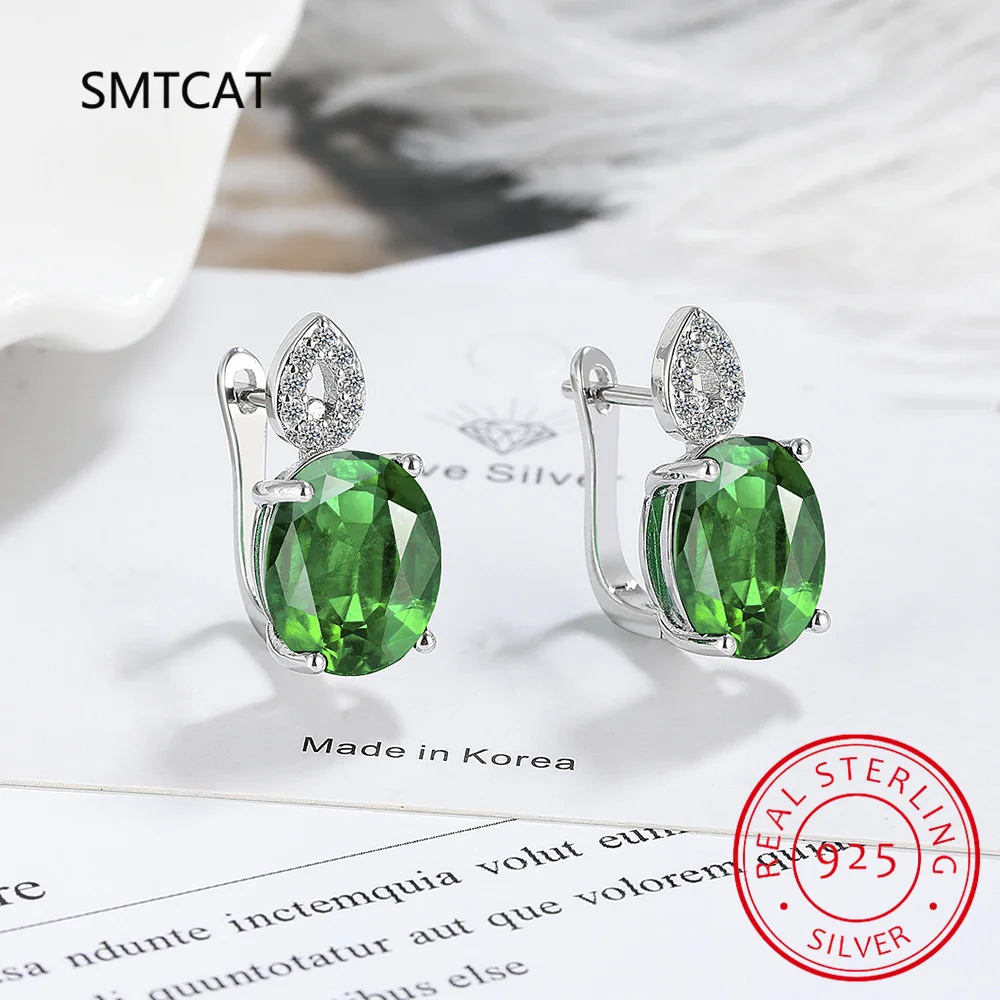 Oval Green Simulated Nano Emerald 925 Sterling Silver Hoop Earrings for Women Statement Fashion Gemstone Jewelry Gift