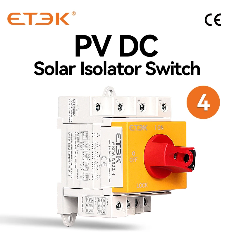 

ETEK 4P PV Solar DC Isolator Switch 1000V 32A Din Rail Rotary Switch Disconnector for Solar Rotating Handle EKD6-DB32-4