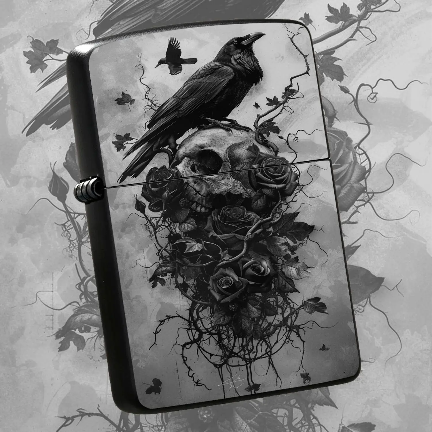 Gothic Dark Style Portable Igniter With Intricate Raven Skull Rose Vine Pattern, Artistic Retro Aesthetic, Cool Unique Personal Accessory, Ideal For Daily Use Gifting And Versatile Scene Decoration, Exquisite Eye-Catching Practical Creative