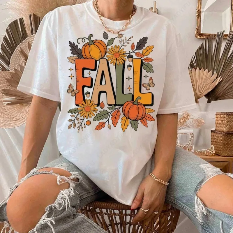 

Причудливая осенняя кокетка с цветочным принтом, футболка с кистью, осенняя блестящая модная девчачья мужская и женская хлопковая футболка с тыквой на Хэллоуин