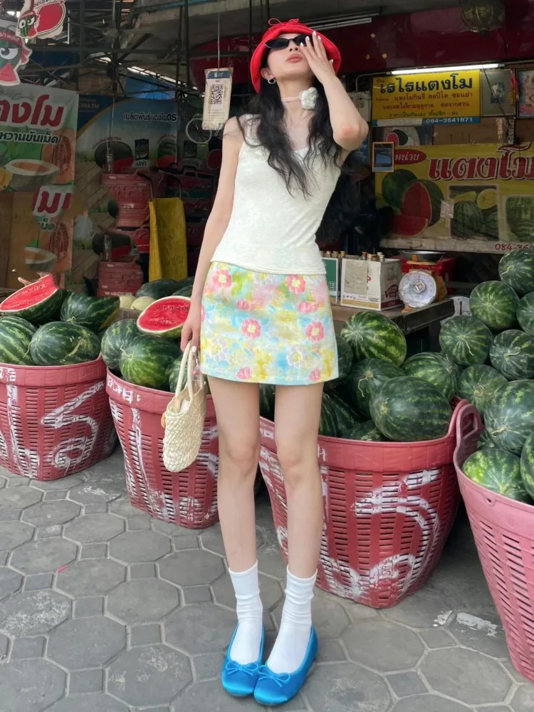 تنانير نسائية على الطراز الفرنسي عتيقة ملابس شارع كاواي مُزينة بالزهور صيفية Y2k حفلة لطيفة على شكل حرف a موضة جمالية Harajuku Mujer Faldas