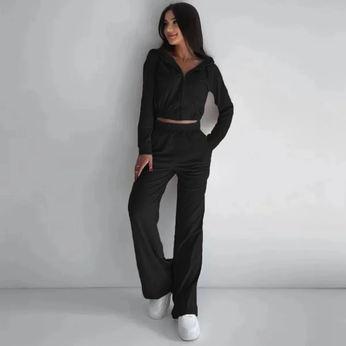 2024 Women\'s Autumn/Winter Casual Long-Sleeved Hoodie Sports Suit Solid Zipper Short Jacket Belted Tracksuit Lady Two-Piece Set