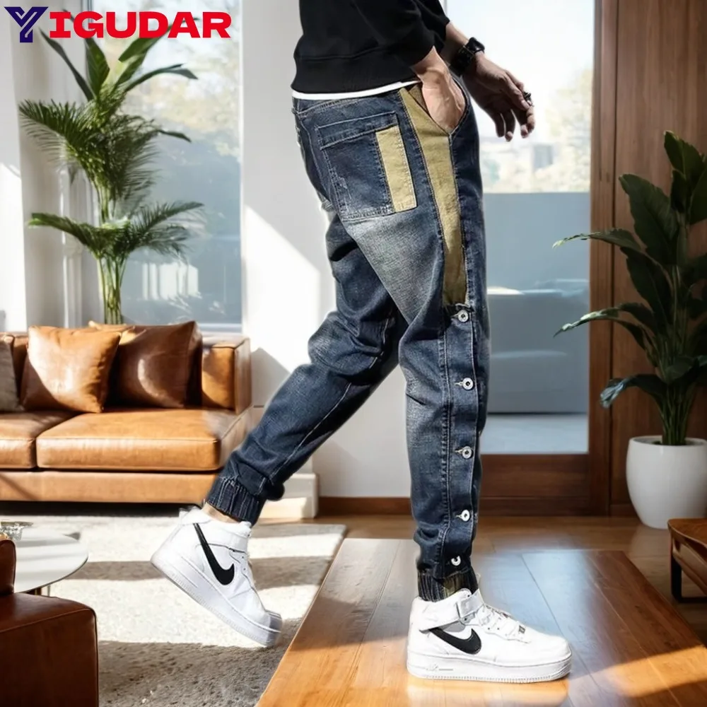 

New Mens Jeans Pants Fashion Pockets Desinger Loose fit Jeans Men Stretch Retro Streetwear Relaxed Tapered Nine point pants