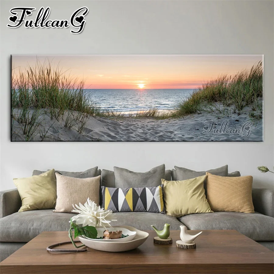 5D Diy large diamond painting Seascape Beach Landscape picture full mosaic embroidery Sky Island Sand Dunes Tail Grass AA3757