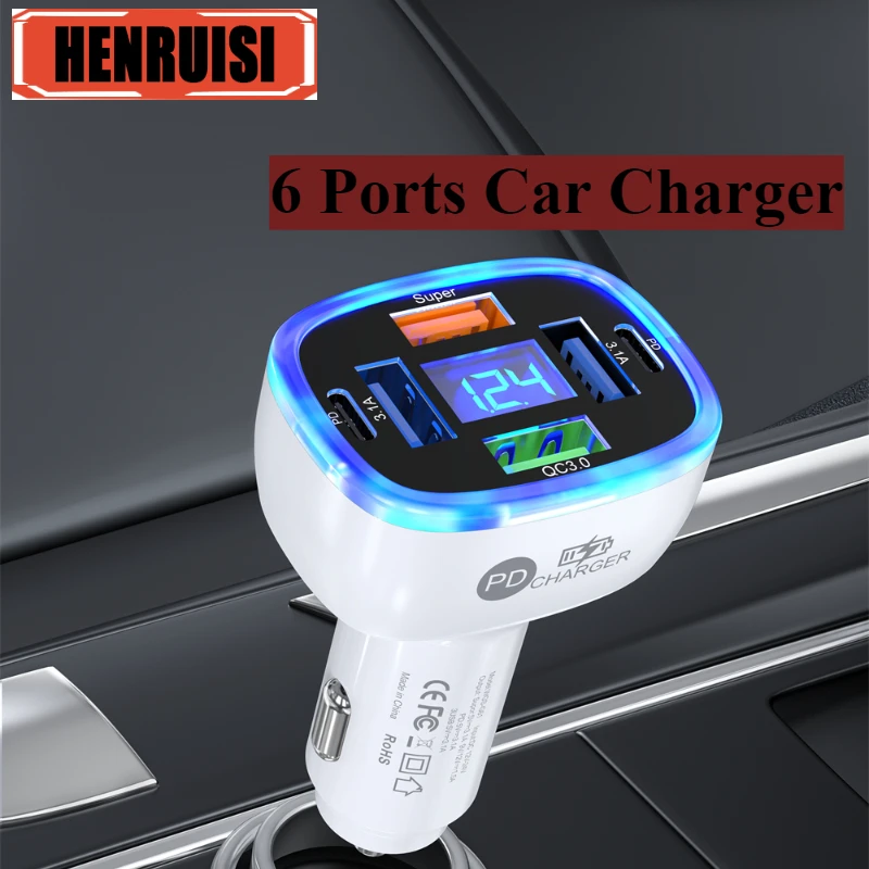 New Digital Display Car Charger With 4USB 2PD Fast Charging Car Adapter For iPhone Huawei Xiaomi Android Phone with Volt Meter