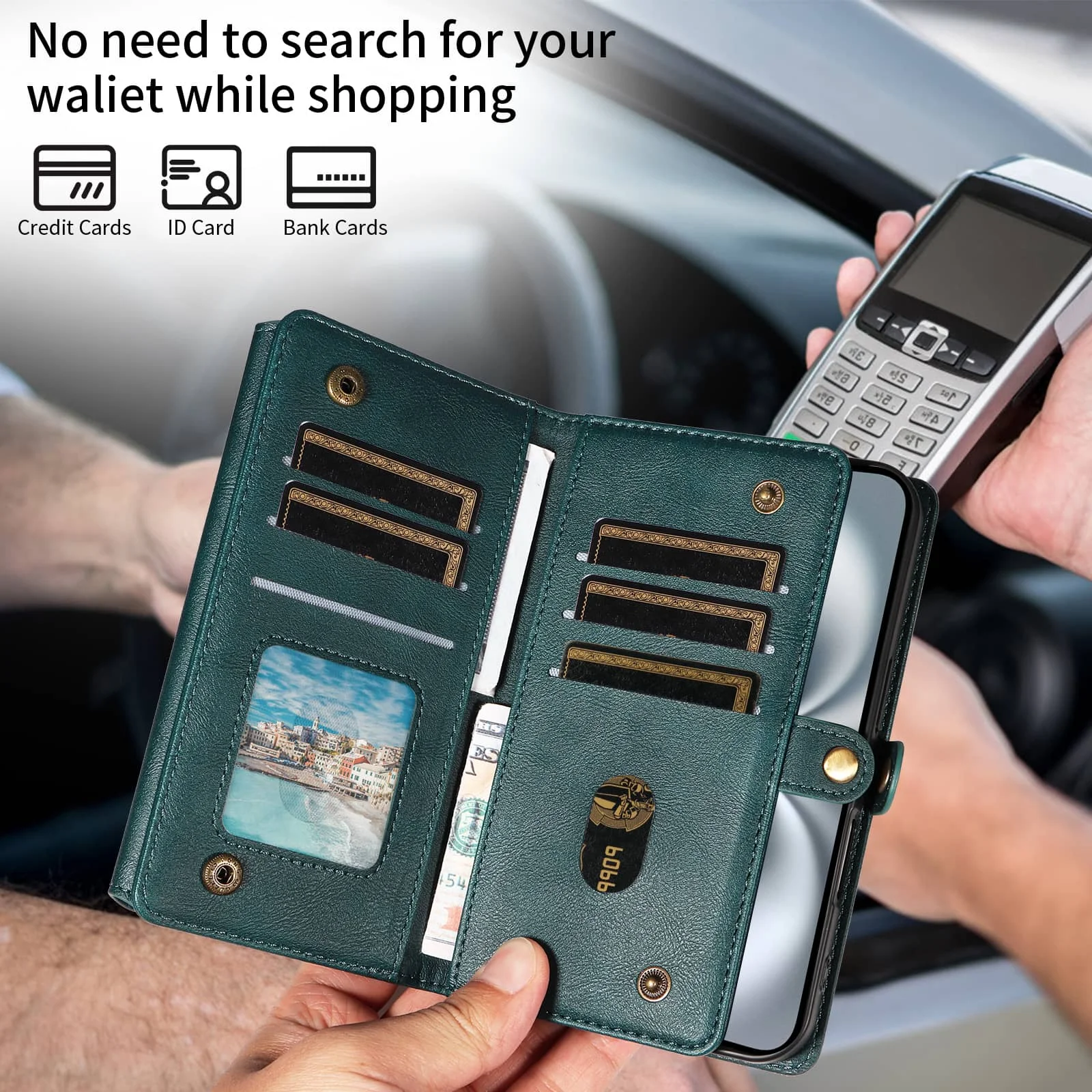 Etui Portfel na Samsung Galaxy A73 A56 A55 A54 A53 A36 A35 A34 A26 A25 A16 A15 z 10 Przegródkami na Karty, Miękkie Magnetyczne Zapięcie, Pasek na Ramię — zdjęcie produktu 3