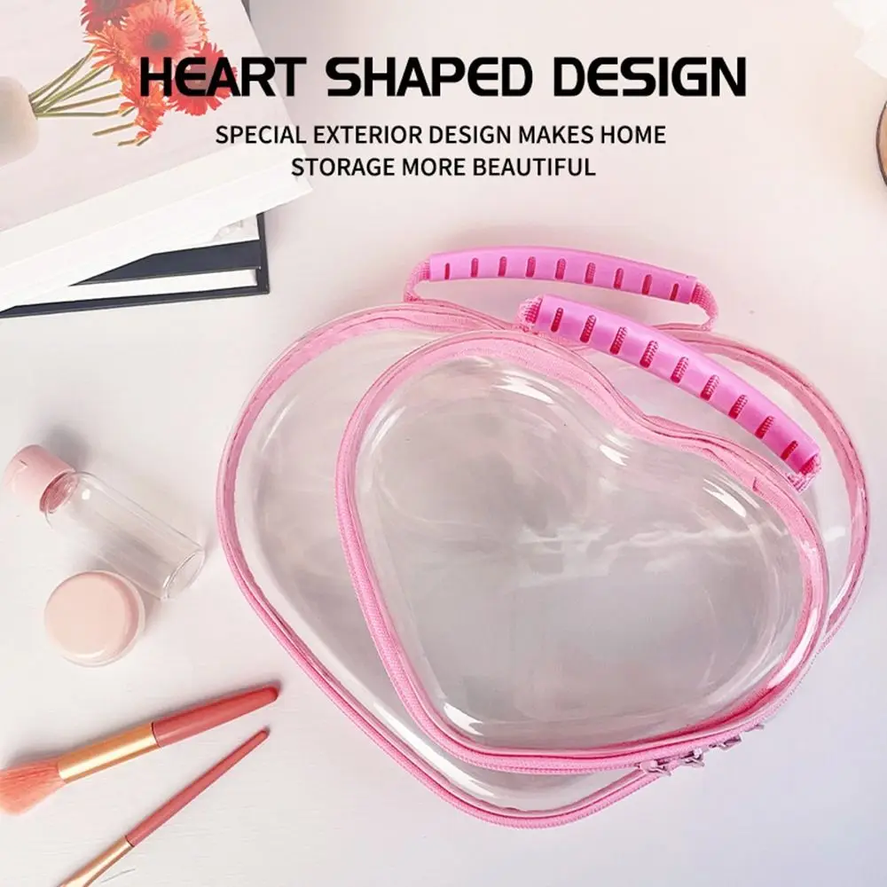 Plastic Clear Hard Shell Zipper Case Heart Waterproof Cosmetic Bag Portable Stackable Storage Organizer Bins Travel Organizer