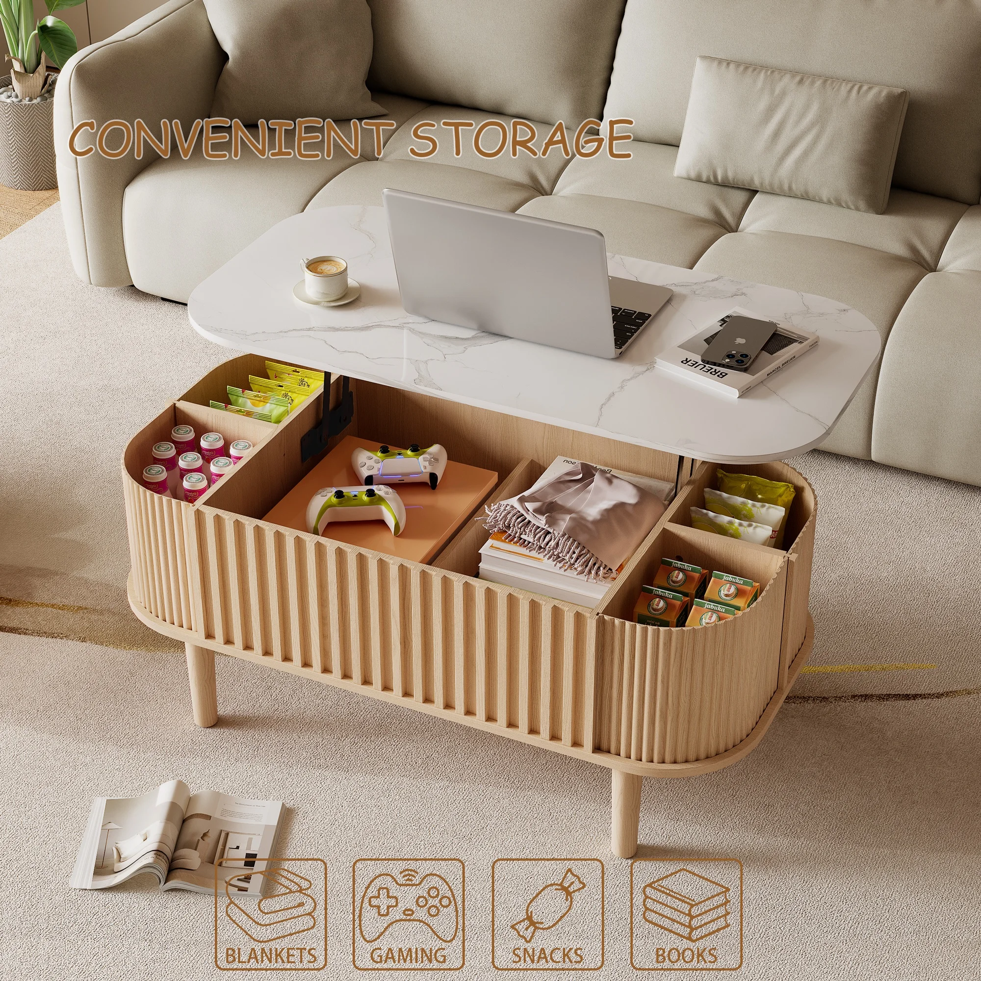 40" Lift Top Coffee Table with Storage, Faux Marble Tabletop & Solid Rubber Wood Legs, Mid-Century Modern Lift-Up Coffee Table f