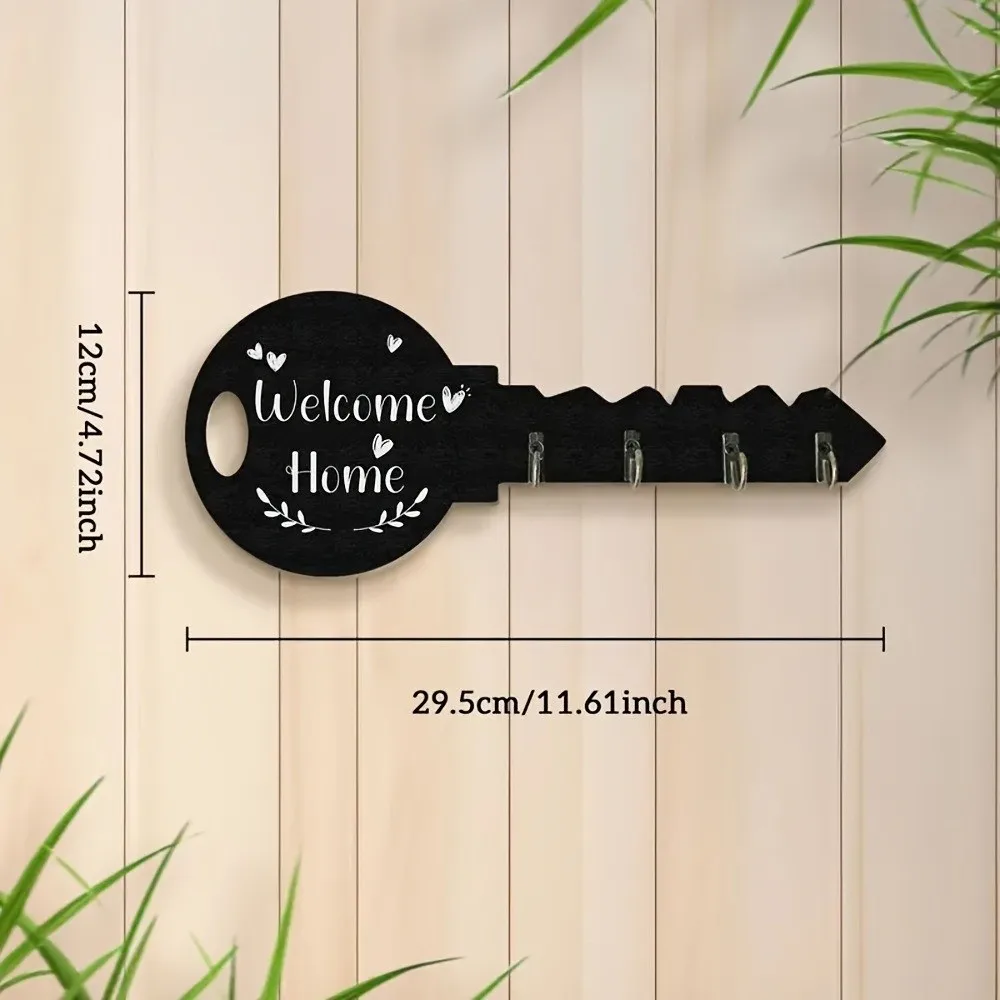 New Wood Wooden Key Holder Key Shaped Rustic Style Wall Key Rack Metal Hooks Bohemian Style Key Hook Organizer Wall Decor