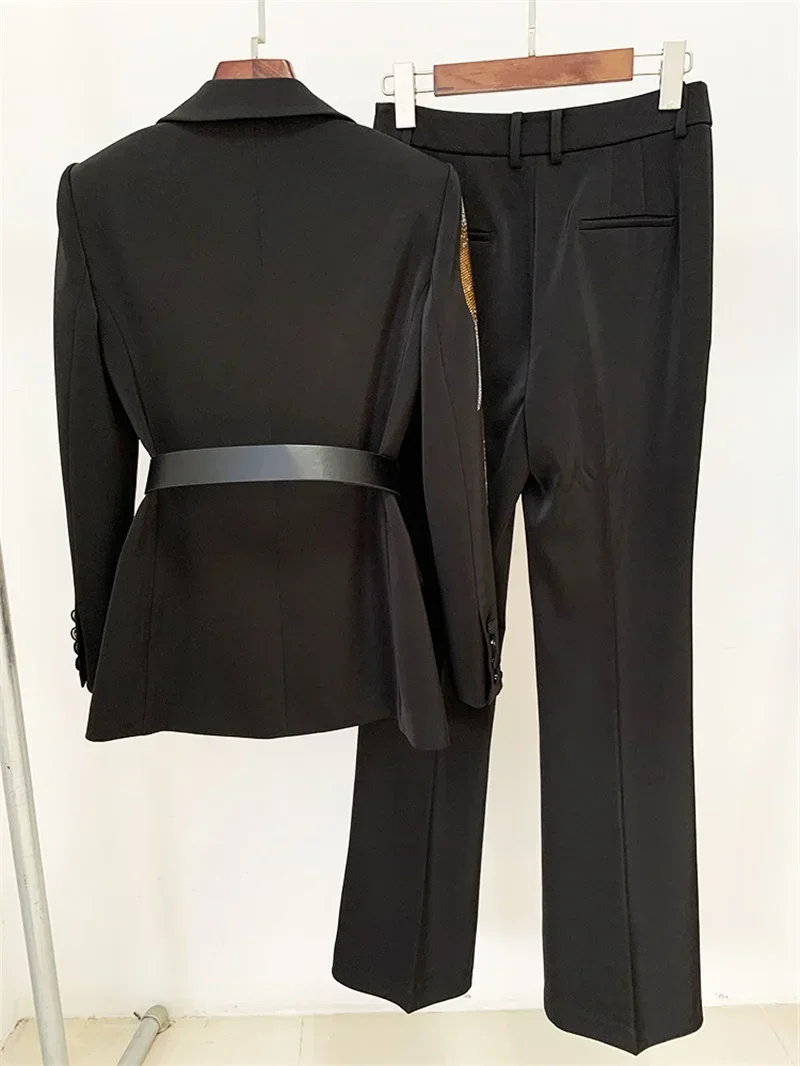 Luxury Black Women Suits Set With Belt 2 Pieces Crystal Jacket+Pant Female Spring Office Lady Business Work Wear Coat Prom Dress