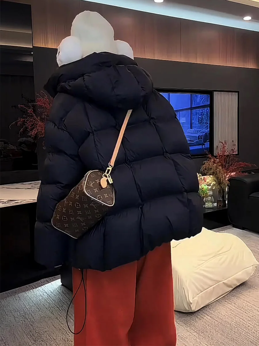 Chaqueta Acolchada Blanca Holgada para Mujer, Estilo Coreano, Chaqueta Larga con Capucha, Abrigo Cálido de Longitud Media