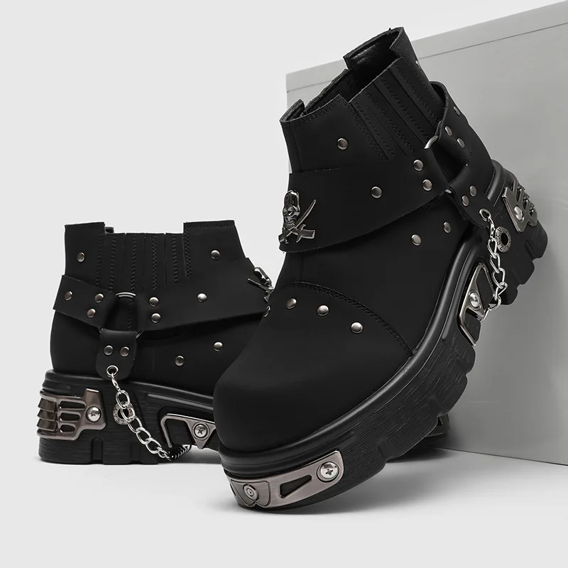 Gothic Punk Ankle Boots Men's Casual Shoes Black Platform Vintage Rock Man Motorcycle Boots Punk Style Skull Metal Chelsea Boots view 3