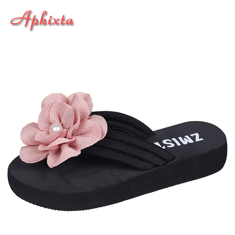 

Aphixta Summer Pearl Flowers Beach Flip Flops Women Female Cool Shoes Soft Slippers Ladies Babouche Big Size 43