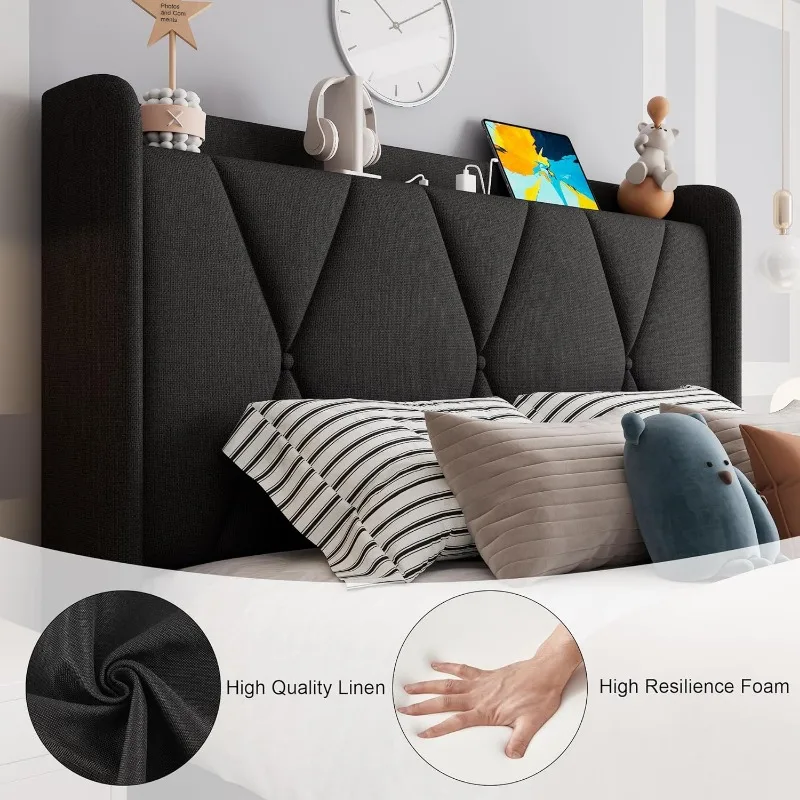 Bed Frame with 4 Storage Drawers, Upholstered Platform Bed Charging Station, Wingback Storage Headboard,Wooden Slats Support,