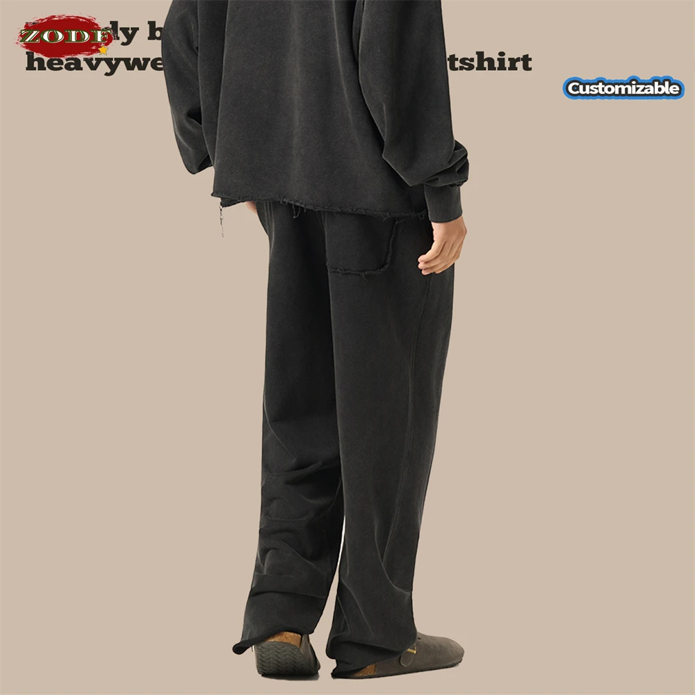 ZODF خمر رجل غسلها القطن مستقيم السراويل للجنسين 420gsm حافة فضفاضة المتعثرة بنطلون رياضي العلامة التجارية تصميم HY0049