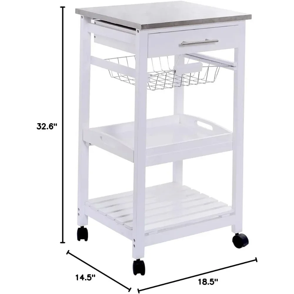 Rolling Kitchen Island Serving Utility Cart Dining Portable Mobile Trolley Stainless Steel Top Removable Cookware Storage Basket